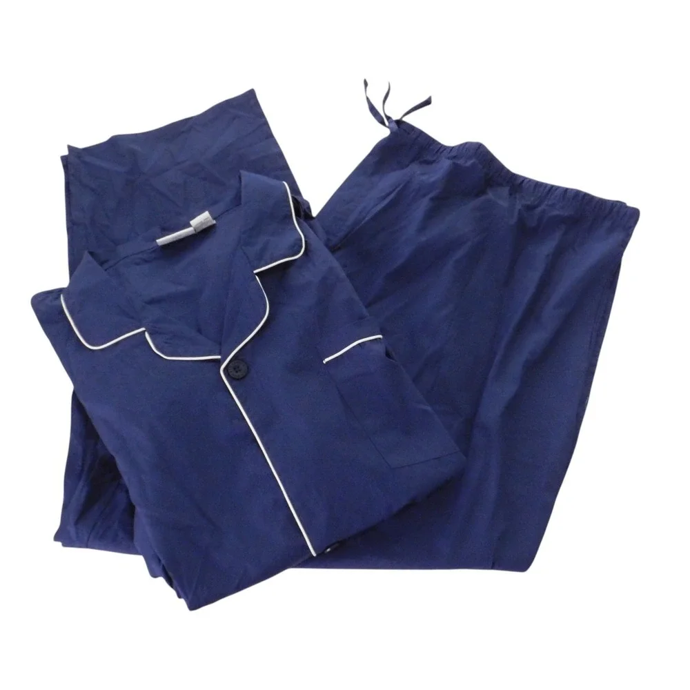 NEW Mens Cotton Pajamas Long Sleeve 2 Pc Button Front Navy Blue Size 4X